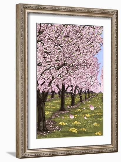 Cherry Orchard Blossoms-Lantern Press-Framed Art Print