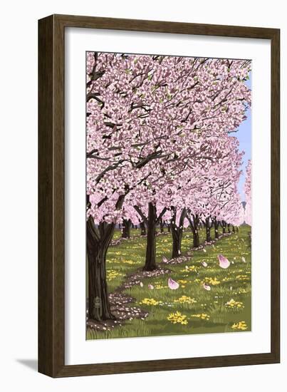 Cherry Orchard Blossoms-Lantern Press-Framed Art Print