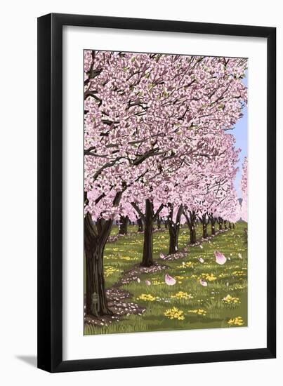 Cherry Orchard Blossoms-Lantern Press-Framed Art Print