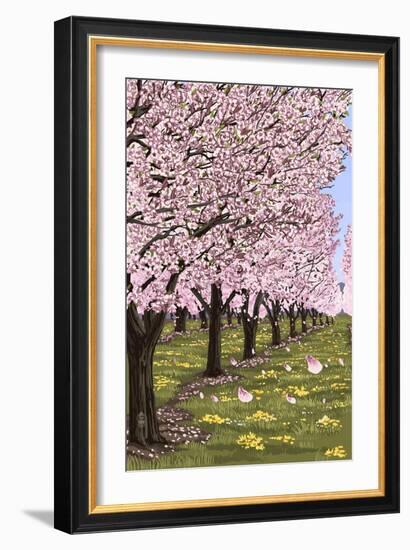 Cherry Orchard Blossoms-Lantern Press-Framed Art Print