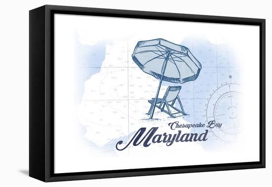 Chesapeake Bay, Maryland - Beach Chair and Umbrella - Blue - Coastal Icon-Lantern Press-Framed Stretched Canvas