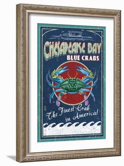 Chesapeake Bay, Virginia - Blue Crab Vintage Sign-Lantern Press-Framed Art Print