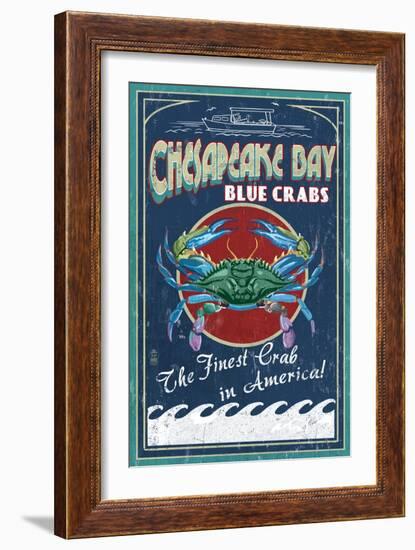 Chesapeake Bay, Virginia - Blue Crab Vintage Sign-Lantern Press-Framed Art Print