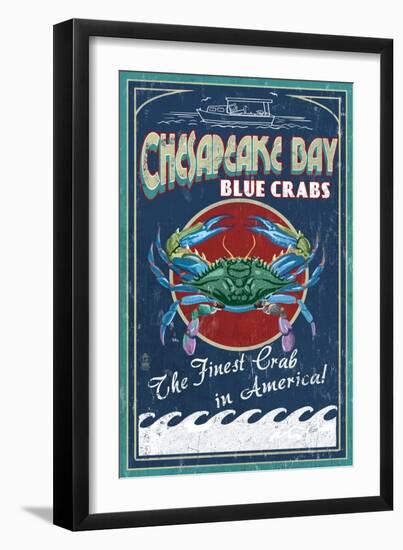 Chesapeake Bay, Virginia - Blue Crab Vintage Sign-Lantern Press-Framed Art Print