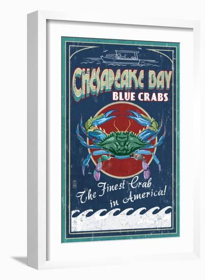 Chesapeake Bay, Virginia - Blue Crab Vintage Sign-Lantern Press-Framed Art Print