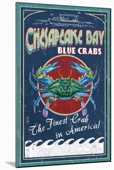 Chesapeake Bay, Virginia - Blue Crab Vintage Sign-Lantern Press-Mounted Art Print