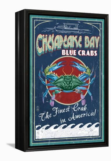 Chesapeake Bay, Virginia - Blue Crab Vintage Sign-Lantern Press-Framed Stretched Canvas