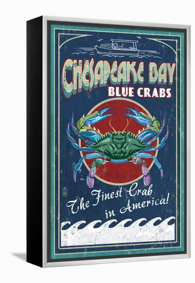Chesapeake Bay, Virginia - Blue Crab Vintage Sign-Lantern Press-Framed Stretched Canvas
