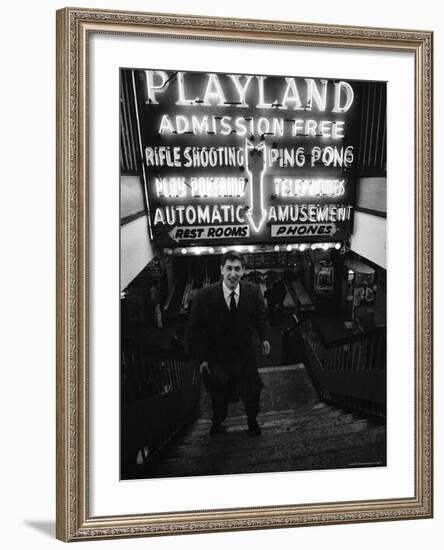 Chess Champion Bobby Fischer at the Entrance to a Playland Arcade-Carl Mydans-Framed Premium Photographic Print