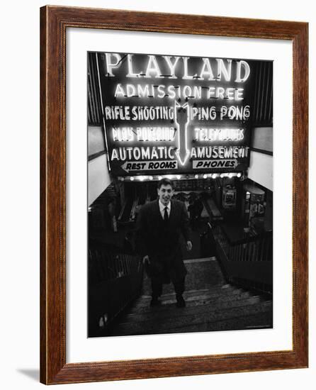 Chess Champion Bobby Fischer at the Entrance to a Playland Arcade-Carl Mydans-Framed Premium Photographic Print