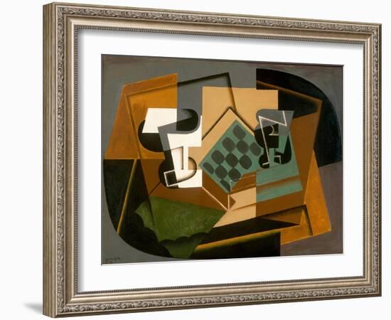 Chessboard, Glass and Dish, 1917 (Oil on Panel)-Juan Gris-Framed Giclee Print