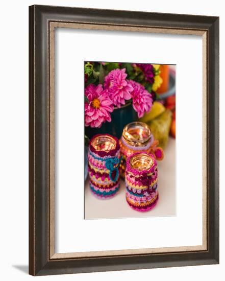 Chest of drawers, autumnal decoration, wind lights, crochet around, brightly, detail,-mauritius images-Framed Photographic Print