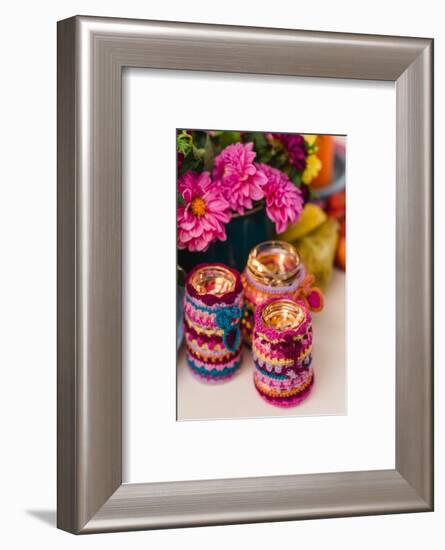Chest of drawers, autumnal decoration, wind lights, crochet around, brightly, detail,-mauritius images-Framed Photographic Print