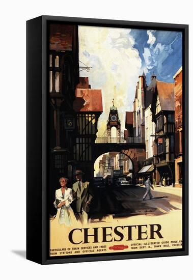 Chester, England - Street View with Couple and Tower Clock Rail Poster-Lantern Press-Framed Stretched Canvas