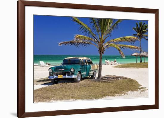 Chevrolet Classic Car under a Palm Tree on the Beach of the Island of Cayo Coco, Cuba-null-Framed Art Print