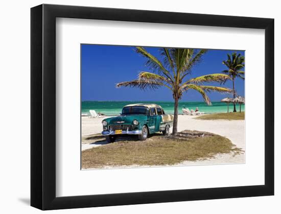 Chevrolet Classic Car under a Palm Tree on the Beach of the Island of Cayo Coco, Cuba-null-Framed Art Print