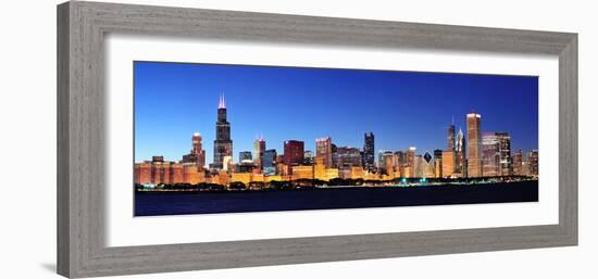 Chicago City Downtown Urban Skyline Panorama at Dusk with Skyscrapers over Lake Michigan with Clear-Songquan Deng-Framed Photographic Print