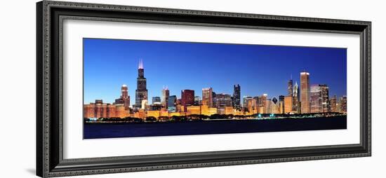 Chicago City Downtown Urban Skyline Panorama at Dusk with Skyscrapers over Lake Michigan with Clear-Songquan Deng-Framed Photographic Print