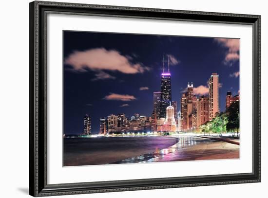 Chicago City Urban Skyscraper at Night at Downtown Lakefront Illuminated with Lake Michigan and Wat-Songquan Deng-Framed Photographic Print