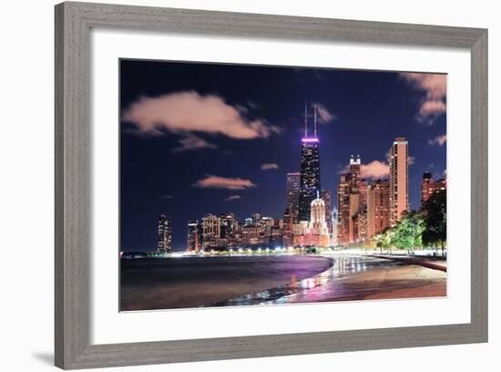 Chicago City Urban Skyscraper at Night at Downtown Lakefront Illuminated with Lake Michigan and Wat-Songquan Deng-Framed Photographic Print