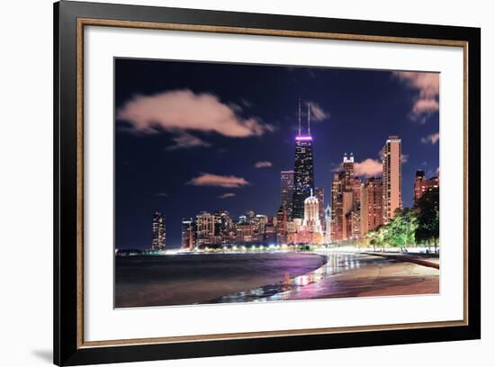 Chicago City Urban Skyscraper at Night at Downtown Lakefront Illuminated with Lake Michigan and Wat-Songquan Deng-Framed Photographic Print