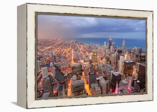 Chicago Downtown Aerial View at Dusk with Skyscrapers and City Skyline at Michigan Lakefront-Songquan Deng-Framed Premier Image Canvas