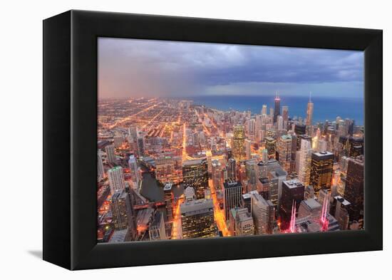 Chicago Downtown Aerial View at Dusk with Skyscrapers and City Skyline at Michigan Lakefront-Songquan Deng-Framed Premier Image Canvas