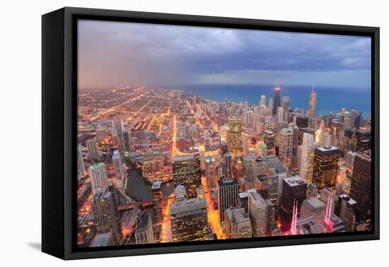 Chicago Downtown Aerial View at Dusk with Skyscrapers and City Skyline at Michigan Lakefront-Songquan Deng-Framed Premier Image Canvas