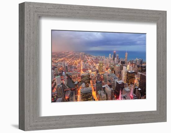 Chicago Downtown Aerial View at Dusk with Skyscrapers and City Skyline at Michigan Lakefront-Songquan Deng-Framed Photographic Print