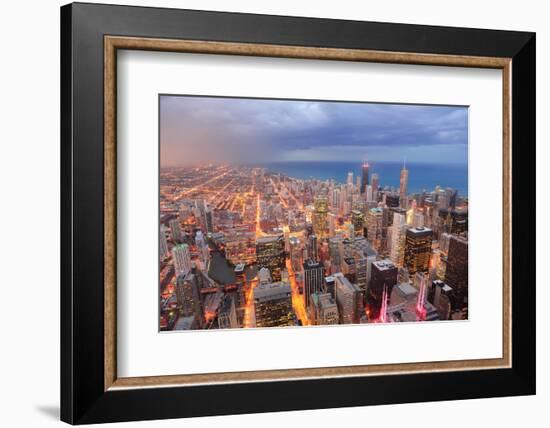 Chicago Downtown Aerial View at Dusk with Skyscrapers and City Skyline at Michigan Lakefront-Songquan Deng-Framed Photographic Print