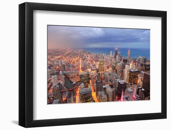 Chicago Downtown Aerial View at Dusk with Skyscrapers and City Skyline at Michigan Lakefront-Songquan Deng-Framed Photographic Print
