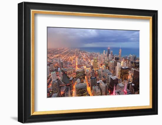 Chicago Downtown Aerial View at Dusk with Skyscrapers and City Skyline at Michigan Lakefront-Songquan Deng-Framed Photographic Print