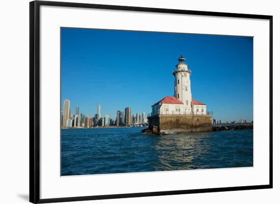 Chicago Harbor Lighthouse with skyscraper in the background, Lake Michigan, Chicago, Cook County...-null-Framed Photographic Print