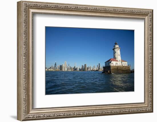 Chicago Harbor Lighthouse with skyscraper in the background, Lake Michigan, Chicago, Cook County...-Panoramic Images-Framed Photographic Print