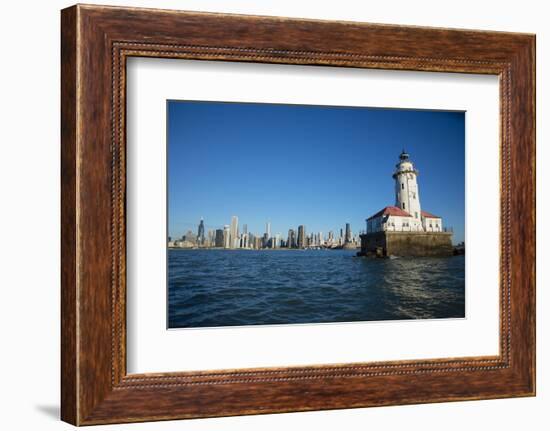 Chicago Harbor Lighthouse with skyscraper in the background, Lake Michigan, Chicago, Cook County...-Panoramic Images-Framed Photographic Print