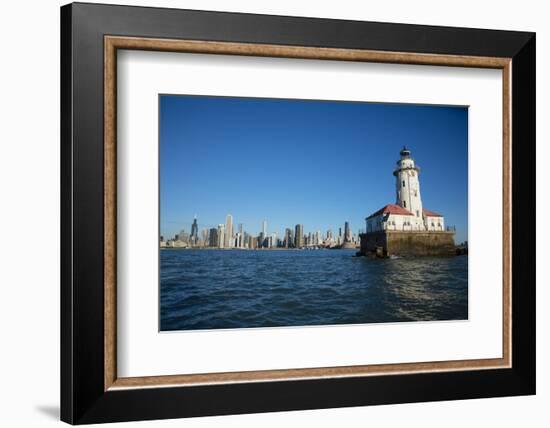 Chicago Harbor Lighthouse with skyscraper in the background, Lake Michigan, Chicago, Cook County...-Panoramic Images-Framed Photographic Print