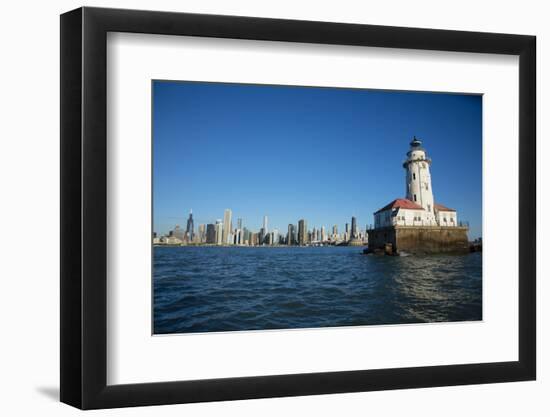 Chicago Harbor Lighthouse with skyscraper in the background, Lake Michigan, Chicago, Cook County...-Panoramic Images-Framed Photographic Print