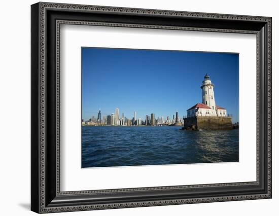 Chicago Harbor Lighthouse with skyscraper in the background, Lake Michigan, Chicago, Cook County...-Panoramic Images-Framed Photographic Print