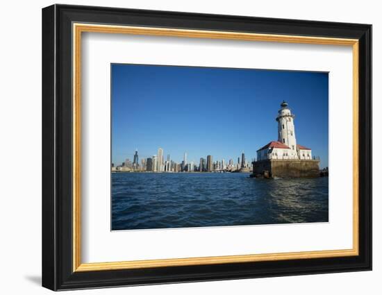 Chicago Harbor Lighthouse with skyscraper in the background, Lake Michigan, Chicago, Cook County...-Panoramic Images-Framed Photographic Print