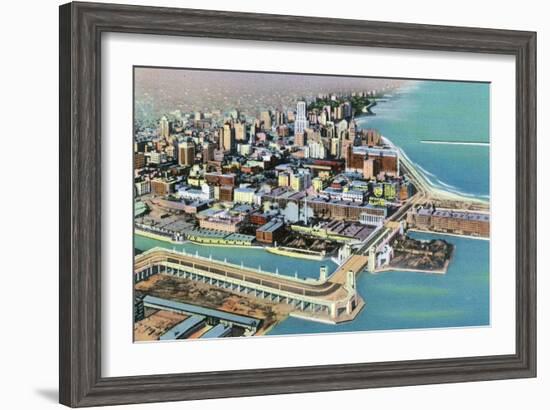 Chicago, Illinois, Aerial View of the Outer Drive Link Bridge and City Skyline-Lantern Press-Framed Art Print