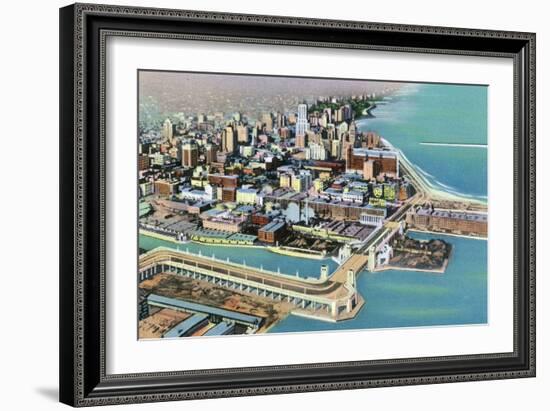 Chicago, Illinois, Aerial View of the Outer Drive Link Bridge and City Skyline-Lantern Press-Framed Art Print