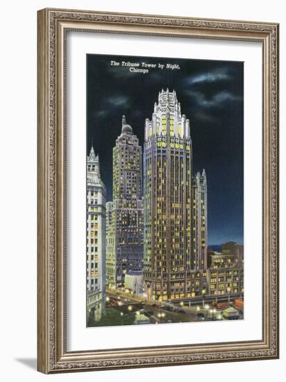 Chicago, Illinois, Exterior View of an Illuminated Tribune Tower at Night-Lantern Press-Framed Art Print