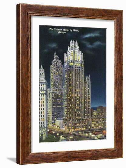 Chicago, Illinois, Exterior View of an Illuminated Tribune Tower at Night-Lantern Press-Framed Art Print