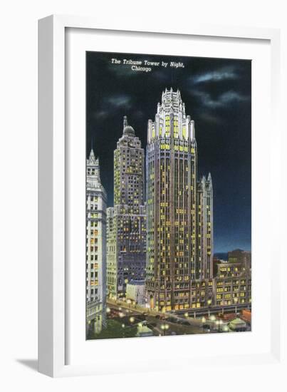 Chicago, Illinois, Exterior View of an Illuminated Tribune Tower at Night-Lantern Press-Framed Art Print