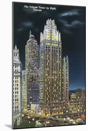 Chicago, Illinois, Exterior View of an Illuminated Tribune Tower at Night-Lantern Press-Mounted Art Print