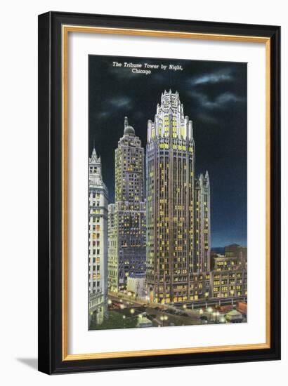 Chicago, Illinois, Exterior View of an Illuminated Tribune Tower at Night-Lantern Press-Framed Art Print