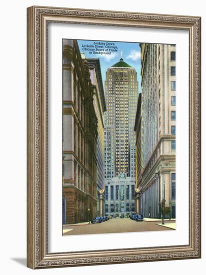 Chicago, Illinois, Exterior View of the Board of Trade Building, Looking Down La Salle Street-Lantern Press-Framed Art Print