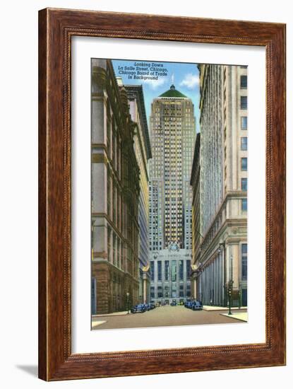 Chicago, Illinois, Exterior View of the Board of Trade Building, Looking Down La Salle Street-Lantern Press-Framed Art Print