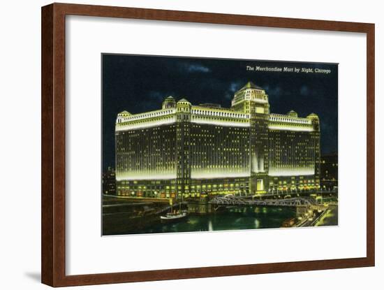 Chicago, Illinois, Exterior View of the Merchandise Mart Building at Night-Lantern Press-Framed Art Print