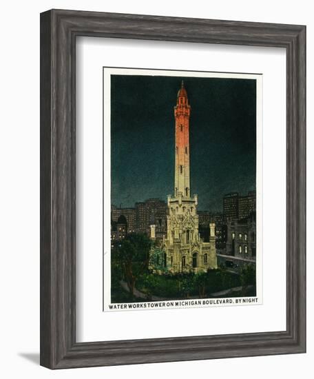 Chicago, Illinois, Exterior View of the Waterworks Tower on Michigan Blvd at Night-Lantern Press-Framed Art Print